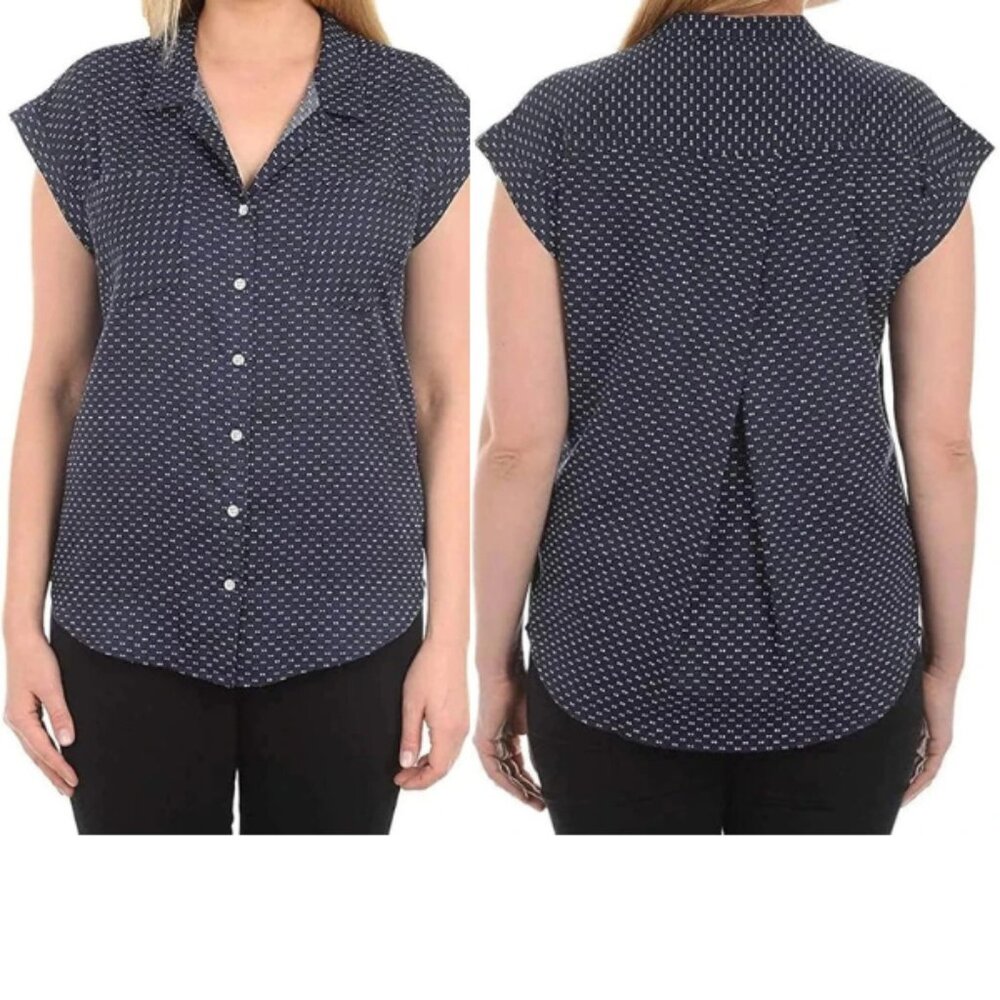 Jachs Girlfriend Women’s L Dark Navy Lyocell V-Neck Button-Up Shirt NWT